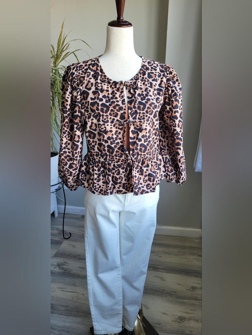 Sim & Sam Leopard Print Tie-Front Peplum Blouse - Size M